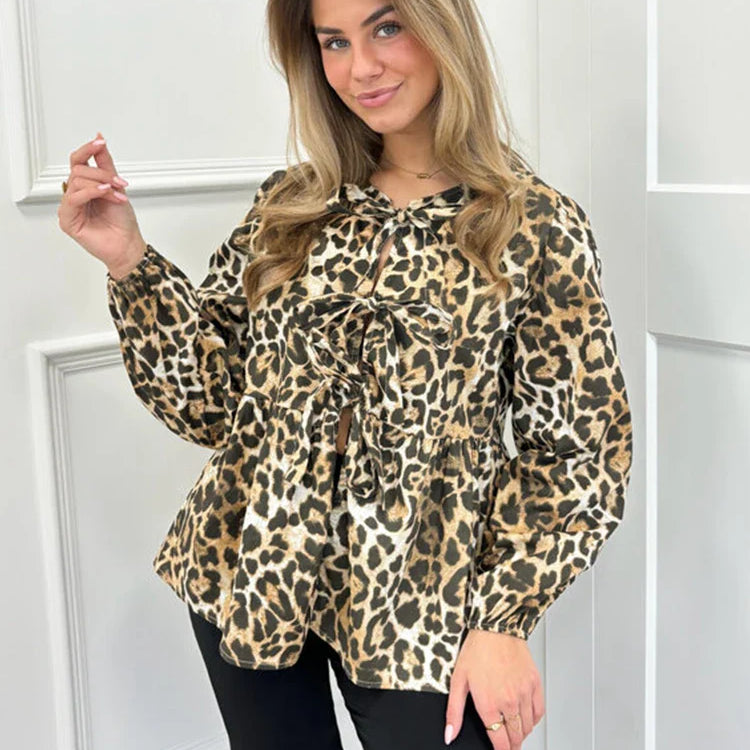 Fashion Leopard Printed Lace Up Shirts for Women Spring Summer Elegant Blous Female Casual Loose Y2K Chic Long Sleeve Tops