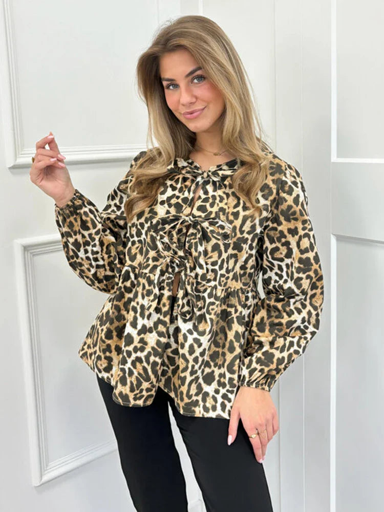 Fashion Leopard Printed Lace Up Shirts for Women Spring Summer Elegant Blous Female Casual Loose Y2K Chic Long Sleeve Tops