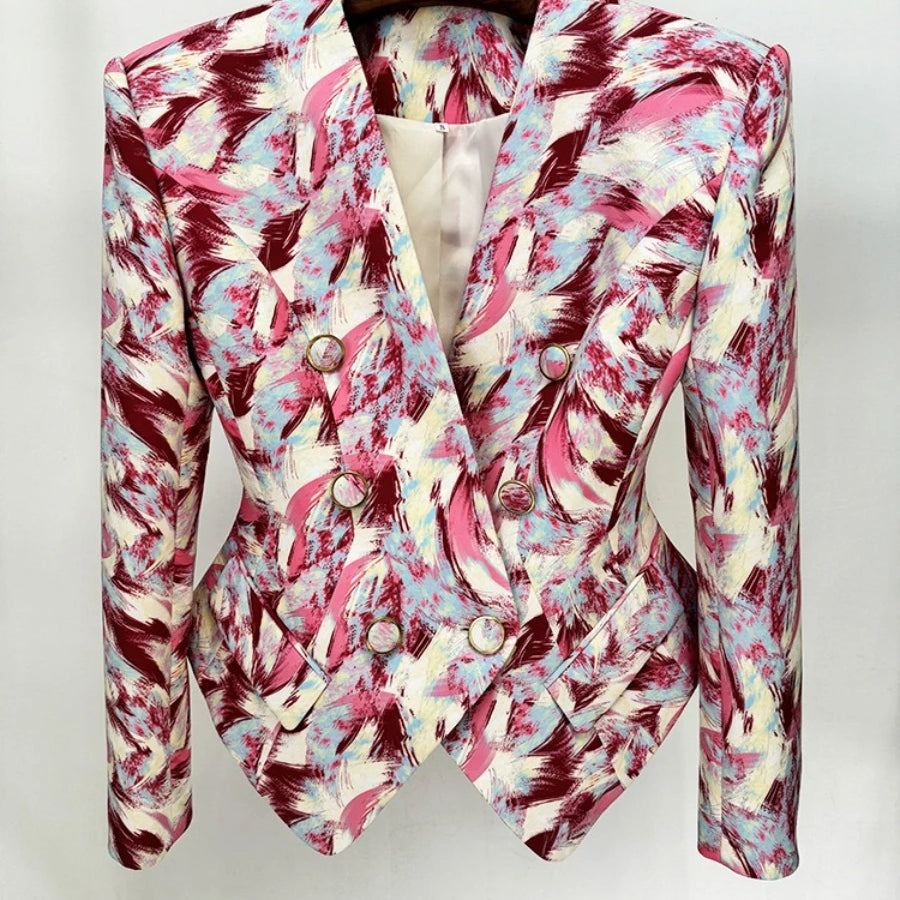 Hit Color Spliced Printing Fashion Jackets for Women V Neck Long Sleeves Patchwork Button Elegant Jacket Female New