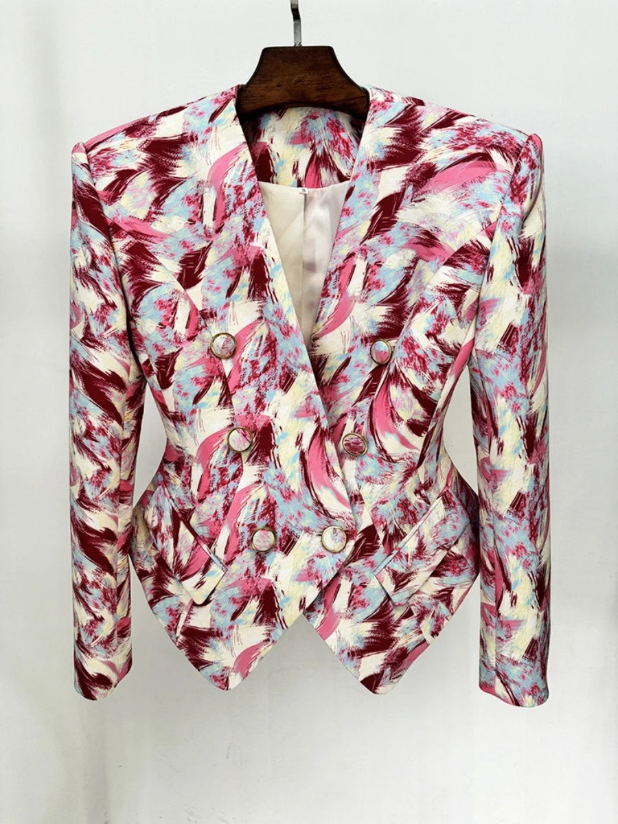 Hit Color Spliced Printing Fashion Jackets for Women V Neck Long Sleeves Patchwork Button Elegant Jacket Female New