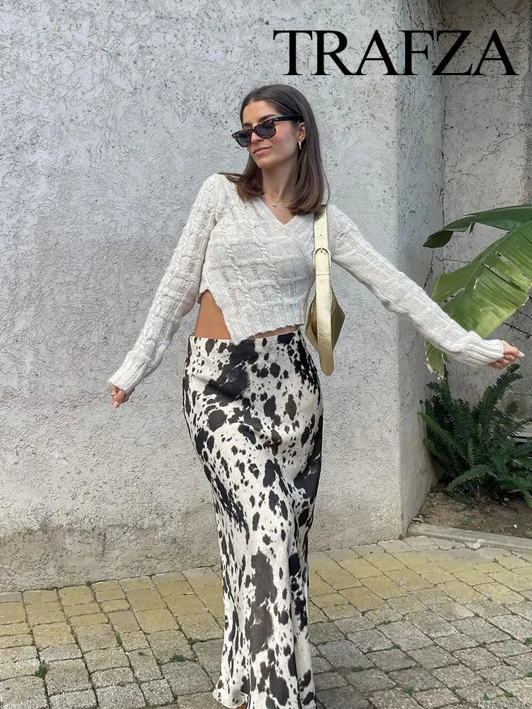 TRAFZA Spring Women Fashion Skirts Trend Printing Slim Long Skirt Woman With Folds Versatile High Street Female Skirts