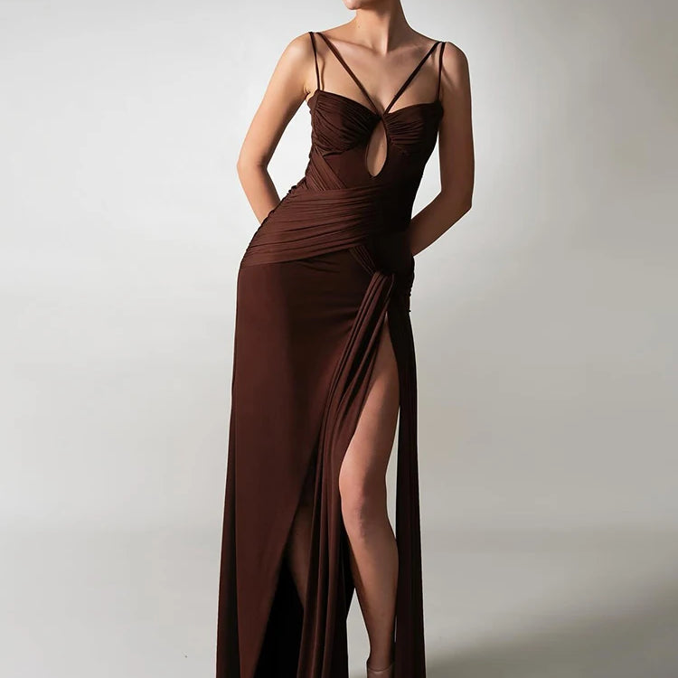 Chocolate Brown Strappy Sleeveless Draped Dress with High Slit & Cutout Detail for Formal Dinner Party Gown
