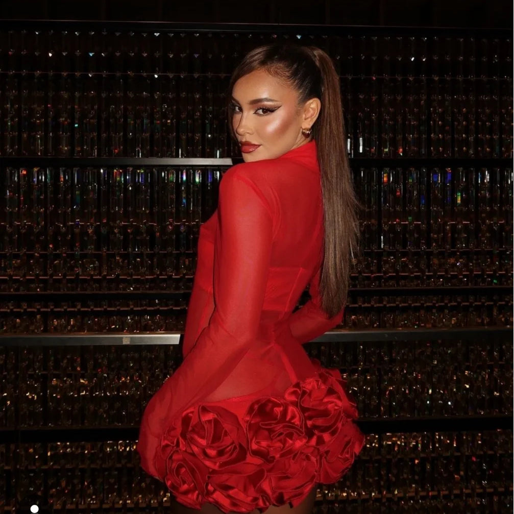 2024 New Sexy Mesh See through Stereoscopic Flowers Red Mini Evening Dress Sweet Woman Birthday Party Dress Performance costume