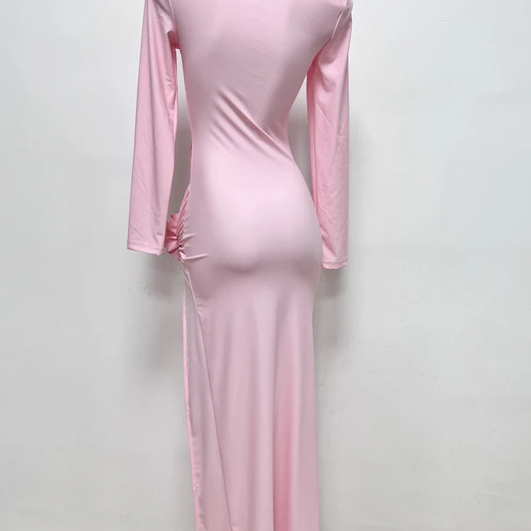 Pink Long Dresses For Women Chic And Elegant Long Sleeve Hollowed Out 3D Flower Pleated High Slit Celebrity Party Gown