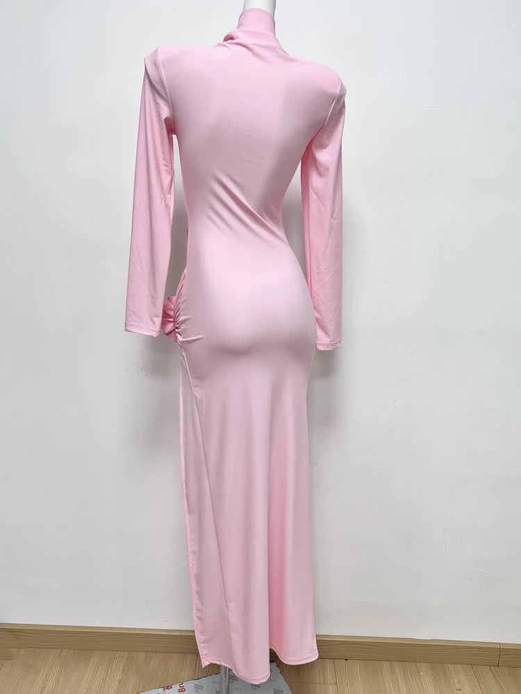 Pink Long Dresses For Women Chic And Elegant Long Sleeve Hollowed Out 3D Flower Pleated High Slit Celebrity Party Gown