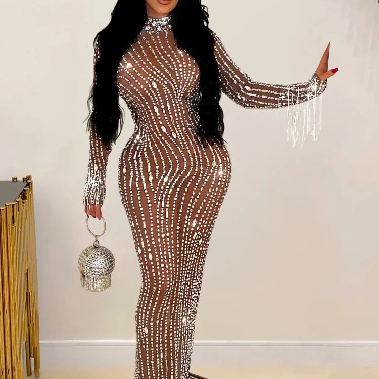 2024 Women Long Sleeve Mesh See Through Diamonds Hot Rhinestones Bodycon Dress Woman Maxi Long Evening Birthday Dresses