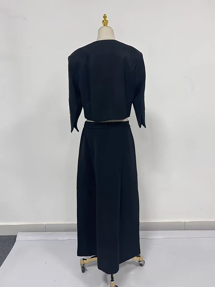 Colorblock Chic Two Piece Sets For Women O Neck Half Sleeve Coat High Waist Skirt Elegant Set Female Fashion Style