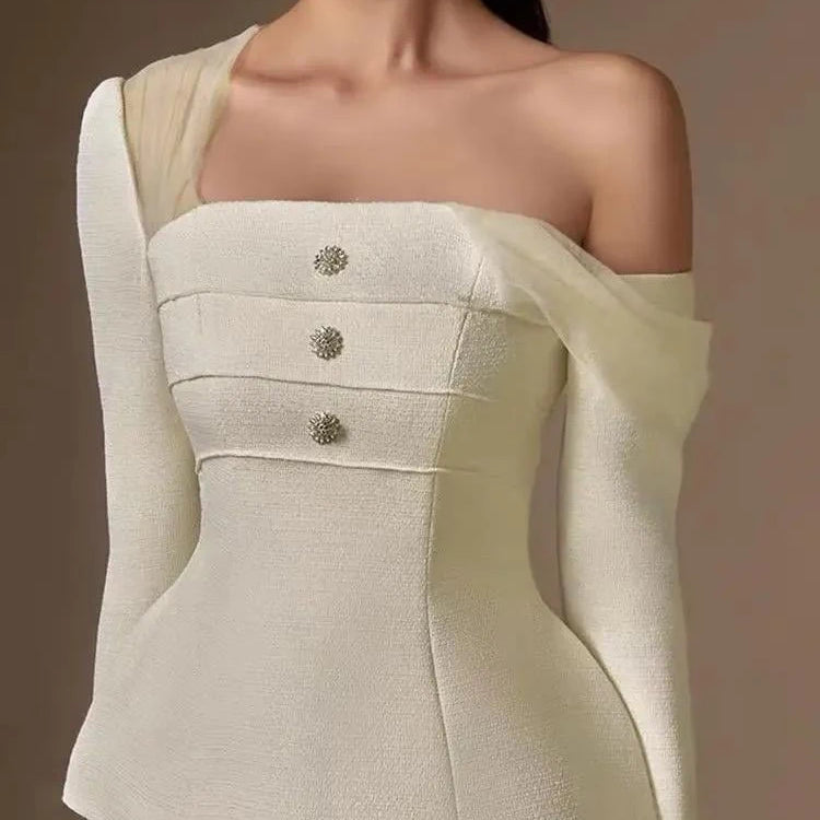 Solid Two Piece Set For Women Diagonal Collar Long Sleeve Tunic Top High Waist Pleated Skirt Elegant Sets Female