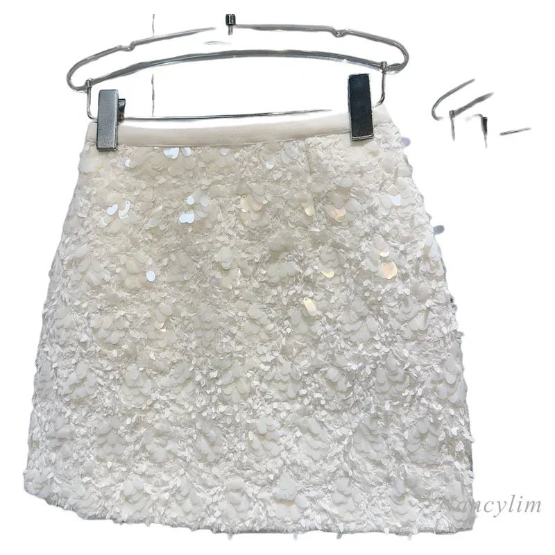 Autumn New Chic Sequined Tweed Temperament Celebrity Short Skirt A-shaped Skirts for Women Elegant White Skirts