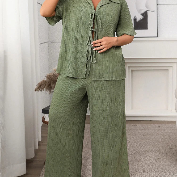 GIBSIE Plus Size Spring Summer Women Two Piece Set Loose Lace-up Shirt Top + Wide Leg Pants 2025 Female Casual 2 Piece Outfits green