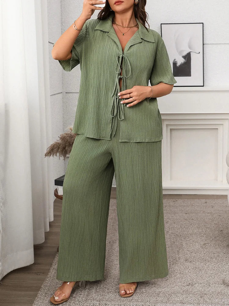 GIBSIE Plus Size Spring Summer Women Two Piece Set Loose Lace-up Shirt Top + Wide Leg Pants 2025 Female Casual 2 Piece Outfits green