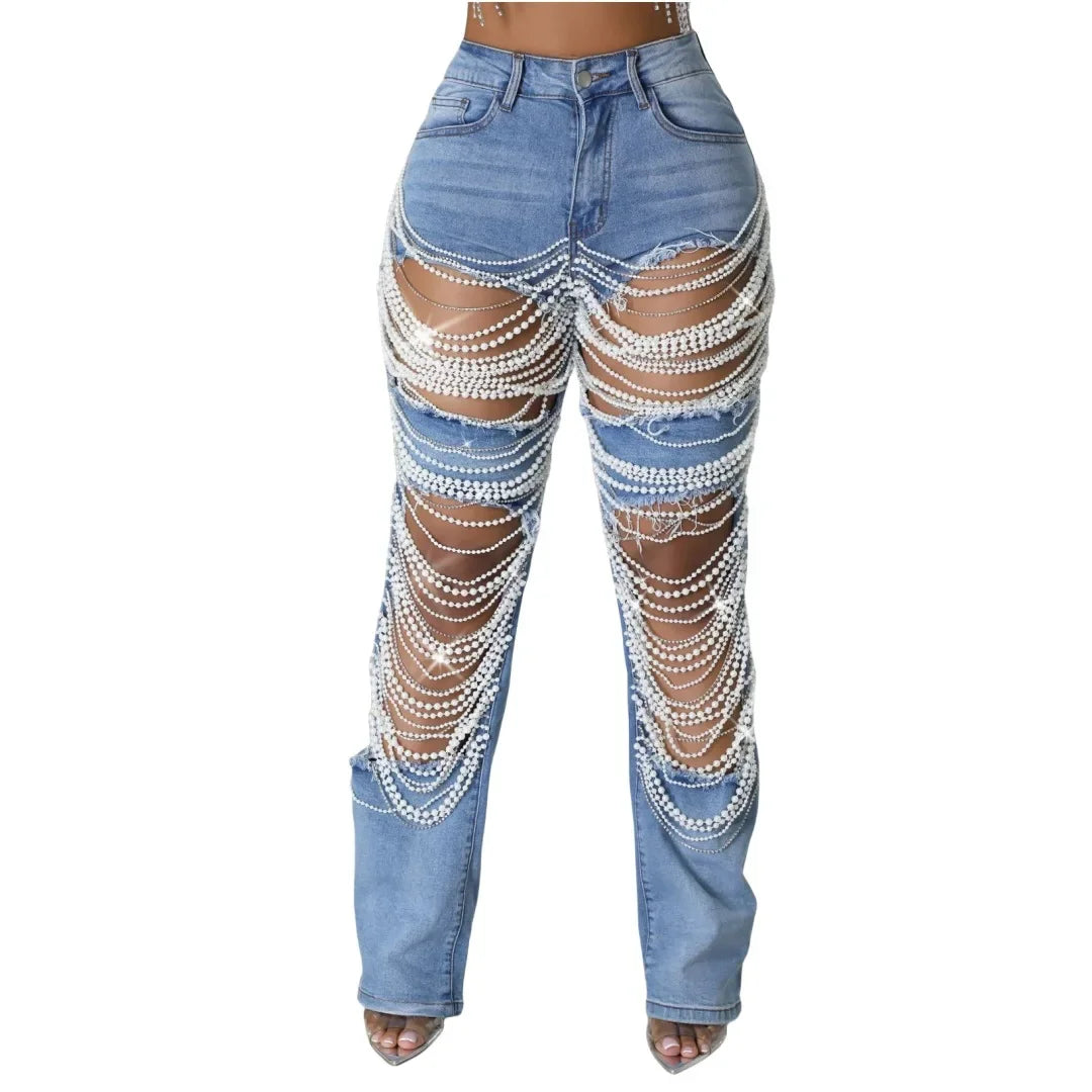 Women Fashion Pearl Beading Ripped Hollow Out Tassel Wide Leg Jeans 2024 New Summer INS Street Denim Pants Trousers color01