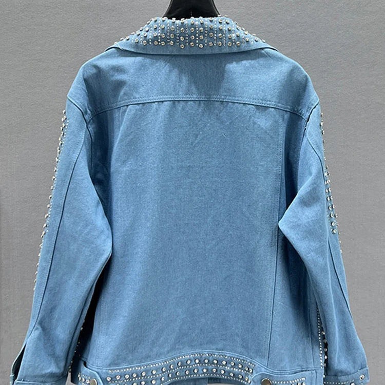 Streetwear Patchwork Rivet Denim Jacket Women Fashion Lapel Long Sleeve Loose Coats Female Outerwear Autumn