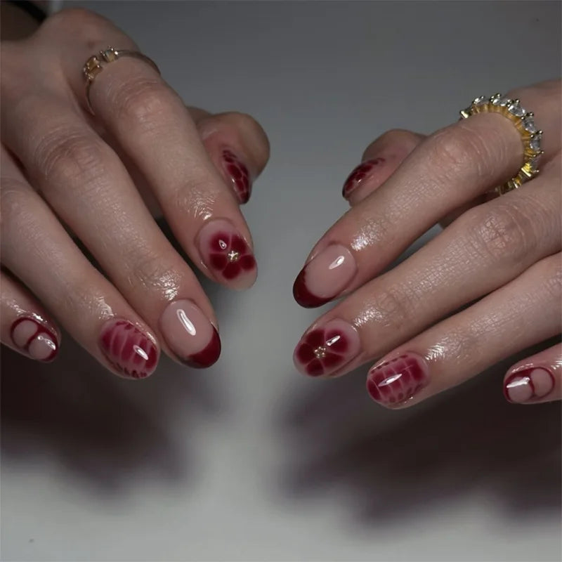 24Pcs French Red Fake Nail Tips Short Round Head False Nails with Flower Design Wearable Almond Manicure Set Press on Nails 3841