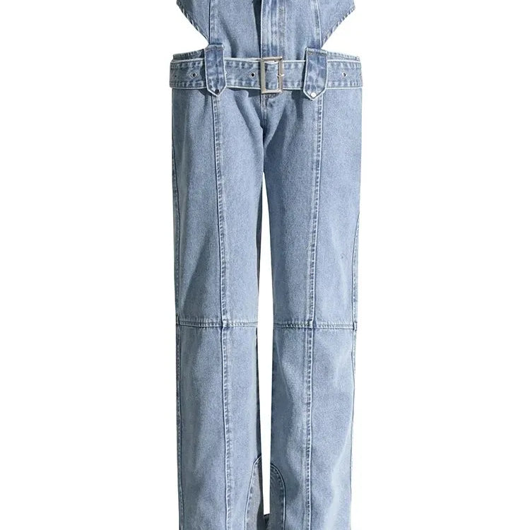 Casual Cut Out Denim Trousers For Women High Waist Patchwork Belt Vintage Streetwear Jean Female Fashion Clothing