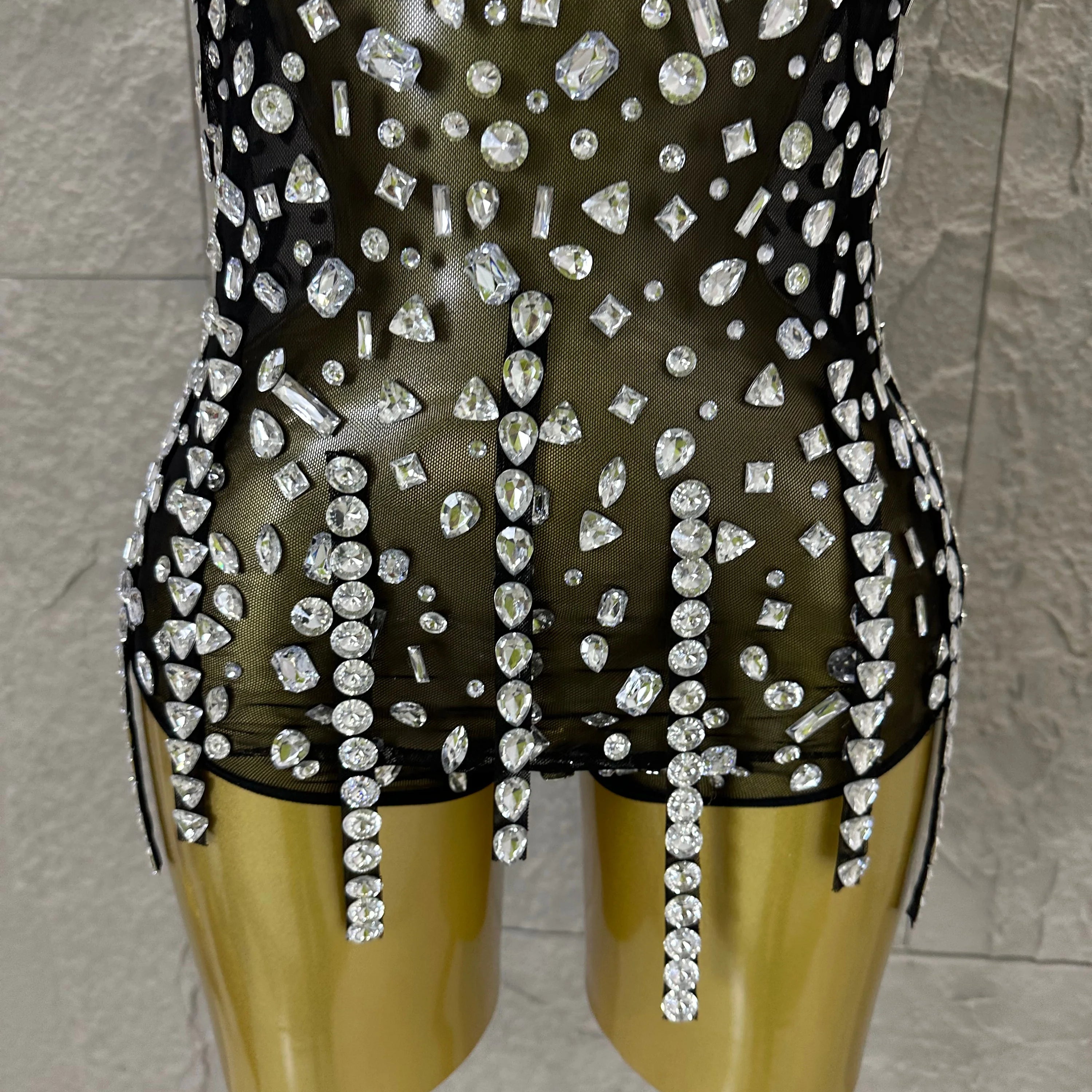 Pink Nude Sleeveless Bodysuit Women Sheer Mesh Crystal Rhinestone Embellished Formal Event Performance Costume