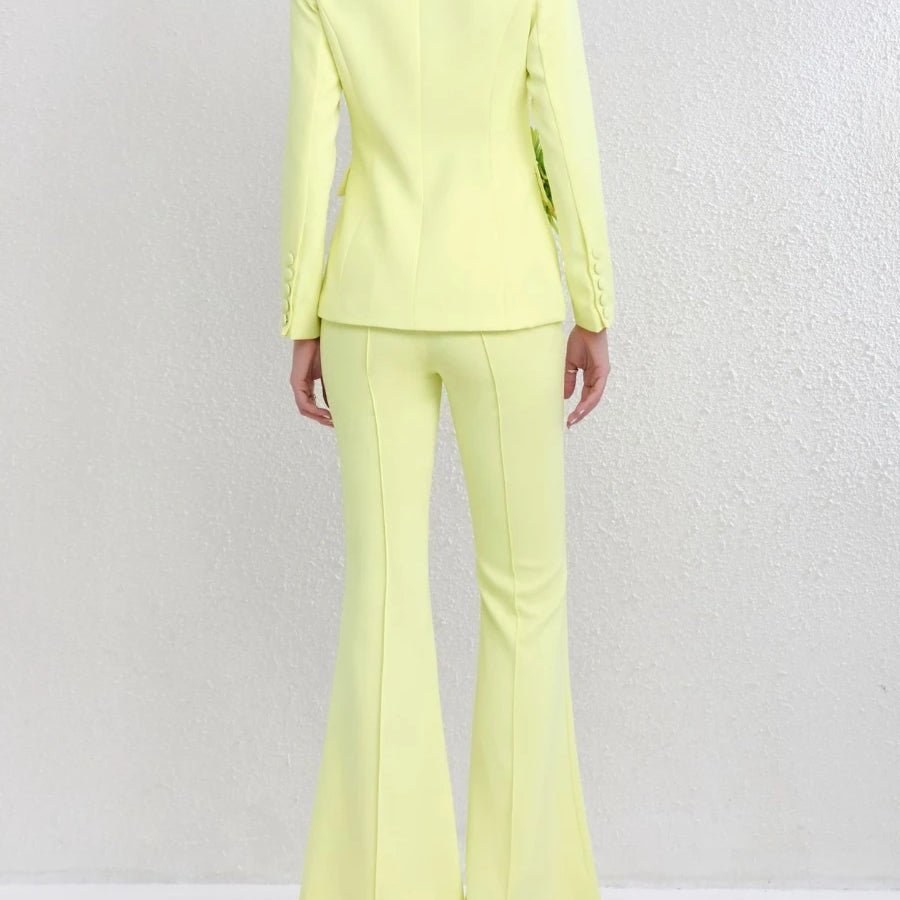 Solid Slimming Spliced 3D Flower Two Piece Sets for Women Lapel Long Sleeves Patchwork Button Top Pant Set Female