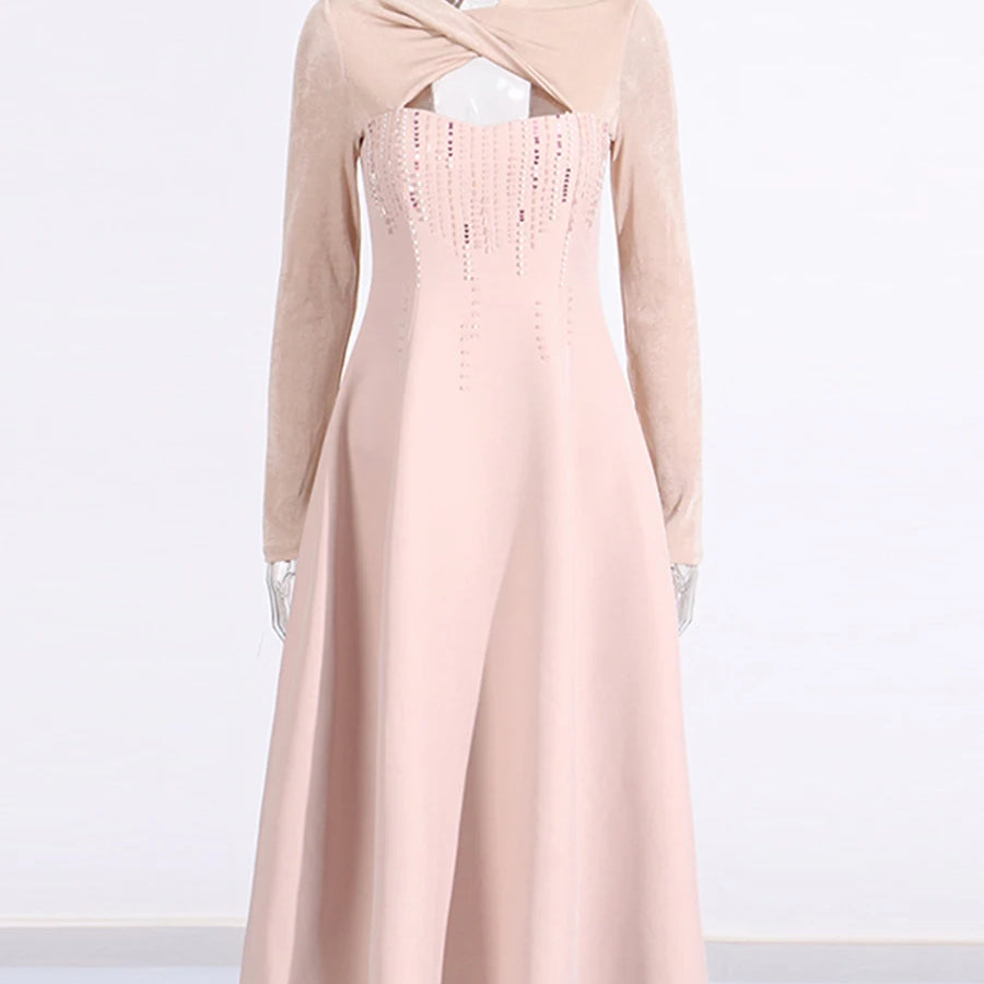 Solid Slimming Bead Elegant Dresses for Women Round Neck Long Sleeve Hollow Out Temperament Dress Female Clothing PINK