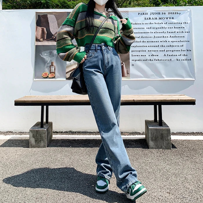 High Waisted Women Denim Jeans Straight Loose Daily Pants Fashion Brand Spring Summer Trousers All-match Lengthen blue
