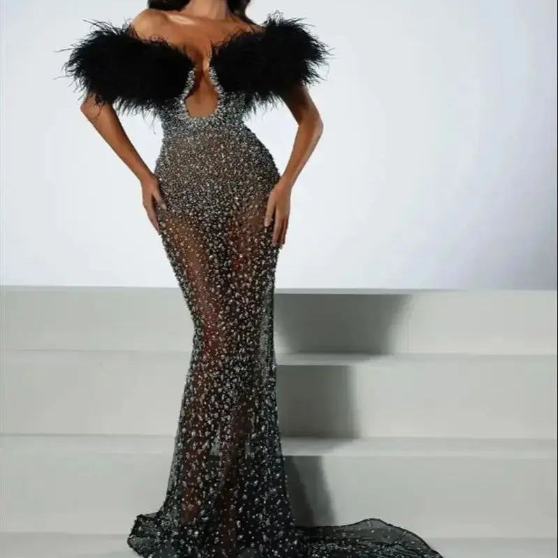 Luxury Feather Dazzling Diamonds Sexy Mesh See Through Black Floor Length Dress Goddess Evening Party Dress Red Carpet Vestido black