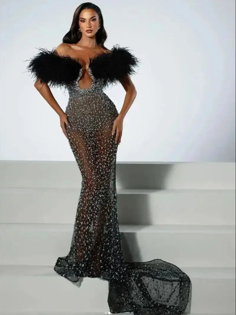 Luxury Feather Dazzling Diamonds Sexy Mesh See Through Black Floor Length Dress Goddess Evening Party Dress Red Carpet Vestido black
