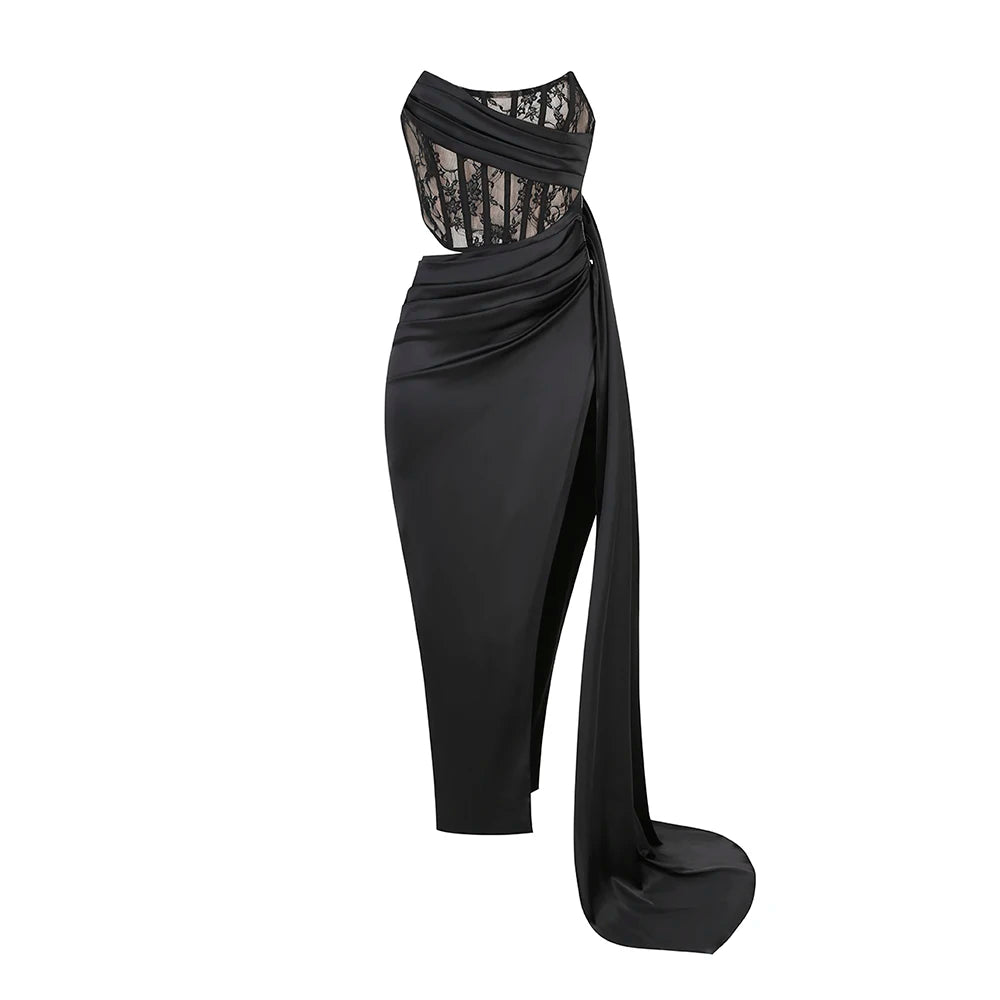 Cocktail Party Dress Women Sexy High Split Evening Clubwear Strapless Lace Patchwork Satin Long Dress Vestidos black