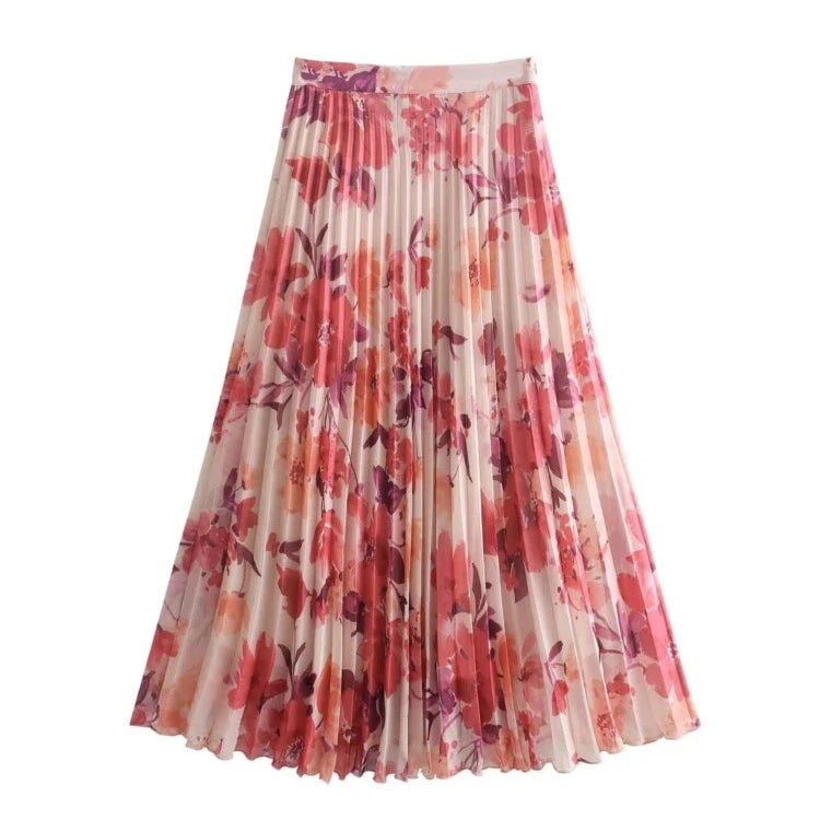 Aonibeier Summer Women Printed Suits Traf Wrist Sleeve V Neck Casual Shirt Female Pleated Maxi Long Skirt Sets Y2K Street