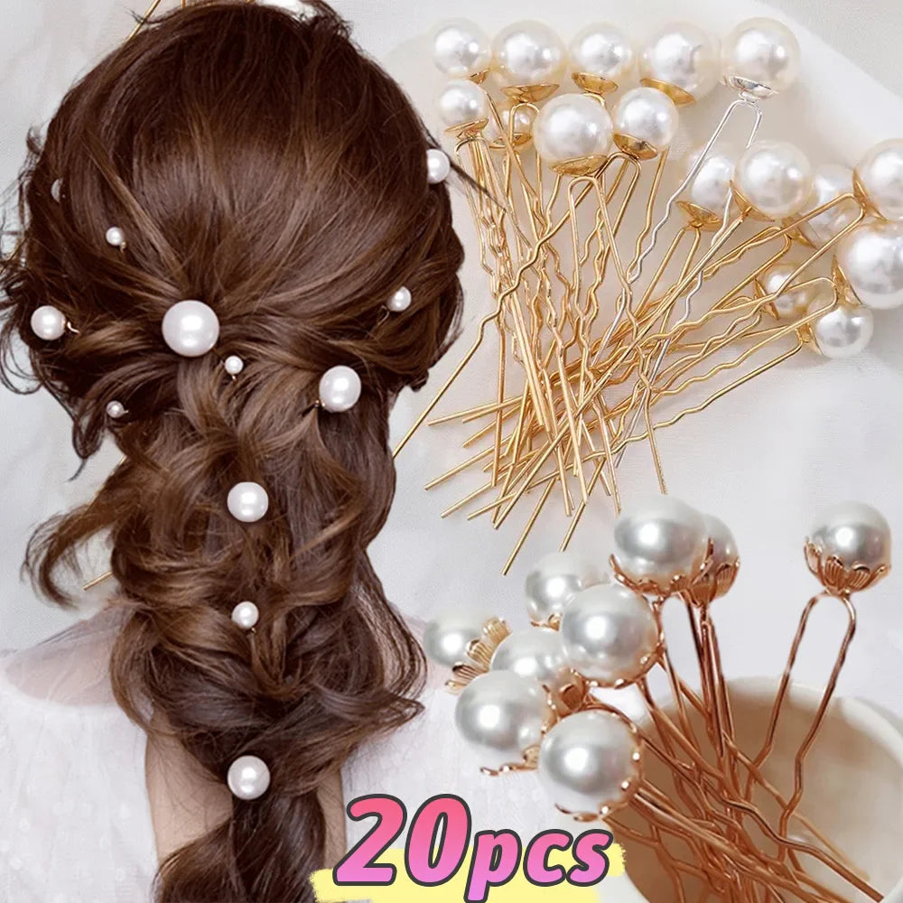 20pcs Pearl Crystal Hairpin Elegant Wedding Bridal U-shaped Metal Hair Comb Forks for Women Hairstyle Clips Jewelry Accessories