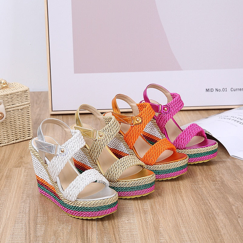 Women Fashion Candy Color Weave Sandals Platform Women Shoes Summer Gladiator Sandals Hemp Rainbow Wedge High Heel Shoes