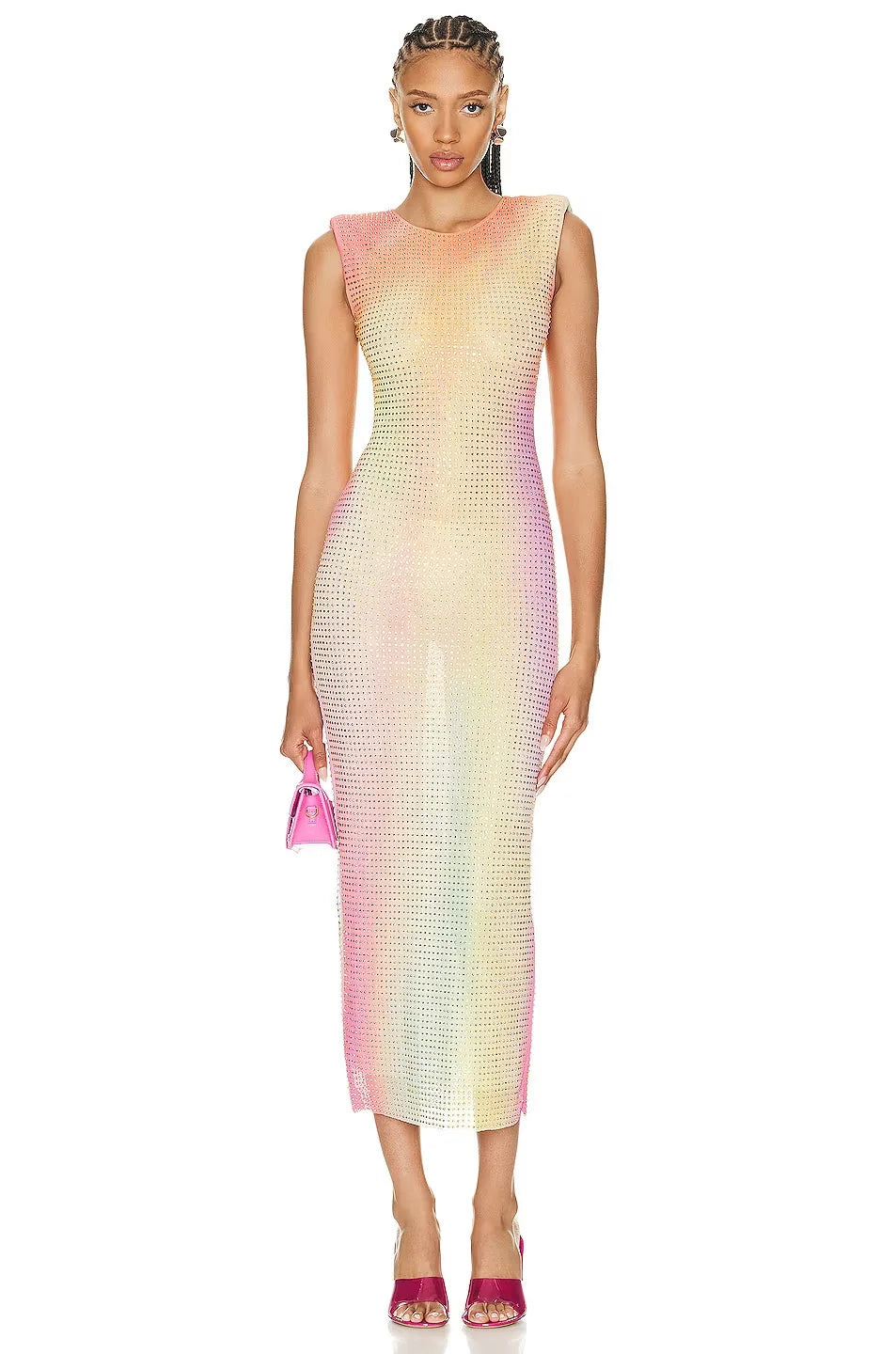 Gradient Color Women Sleeveless Sexy Shinning Rhinestones Bodycon Long Dress Fashion Celebrate Birthday Homecoming Party Dress Orange