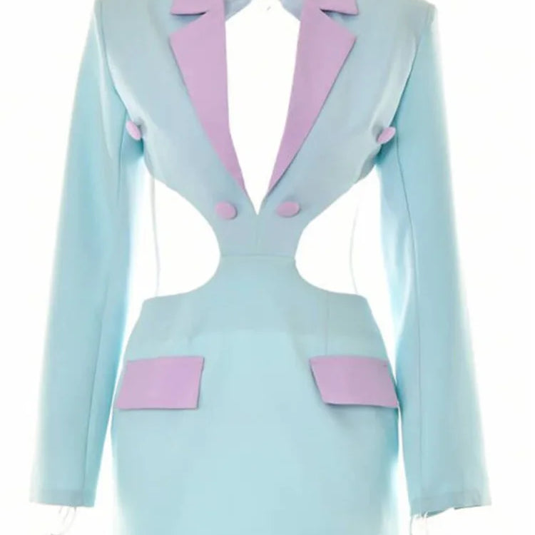Hollow Out Backless Blazer Dress For Women Robe Autumn Notched Collar Full Sleeve Bodycon Party Mini Dress Vestido Blue