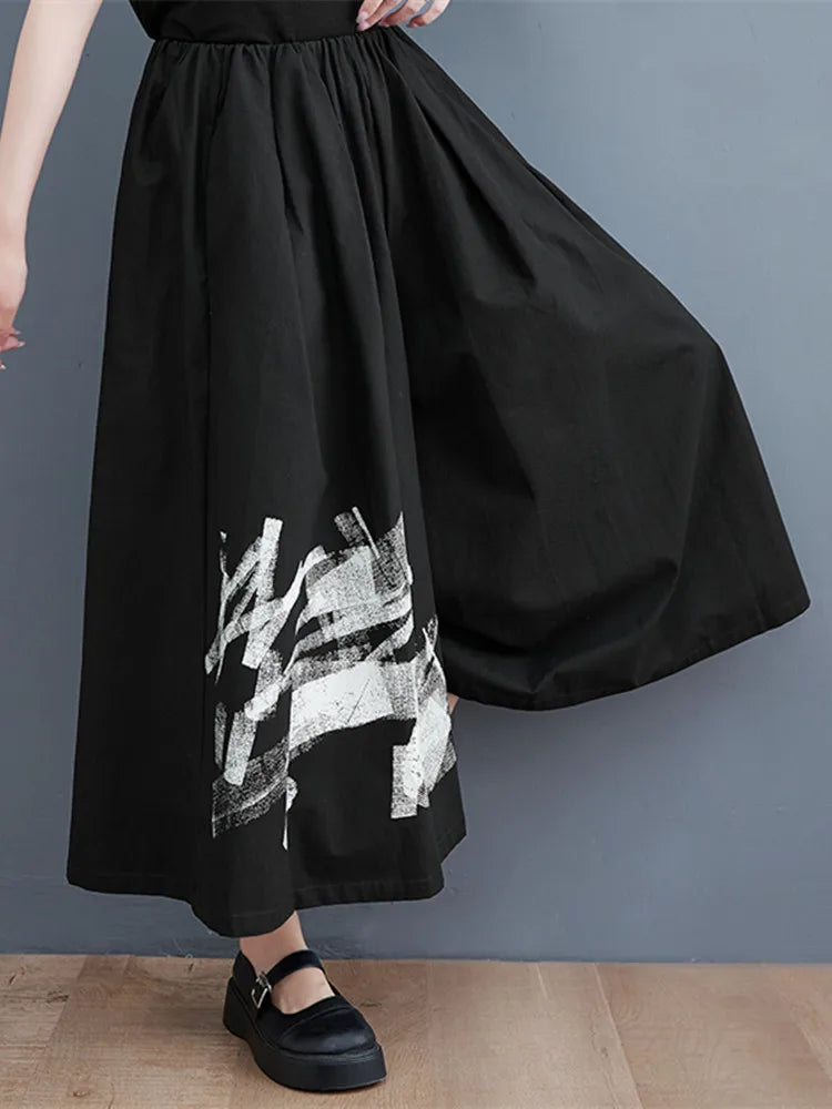 Japan Yamamoto Dark Style Black Summer Wide Leg Pants Print Fashion Women High Waist Casual Pants Culotte