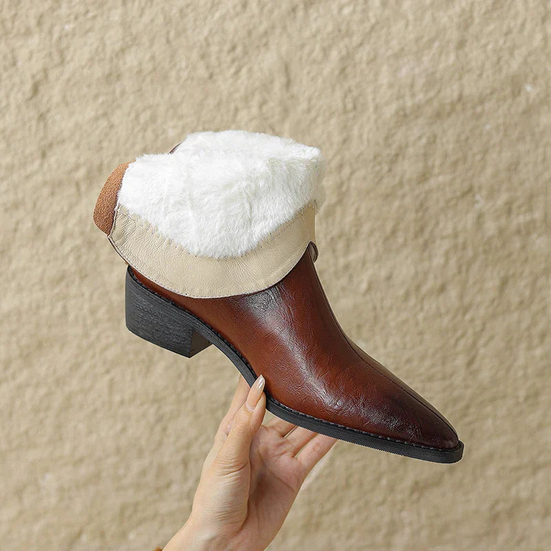 Autumn/winter Women Boots Genuine Leather Western Boots Women Shoes Pointed Toe Chunky Heel Chelsea Boots Retro Ankle Boots Brown-wool inside