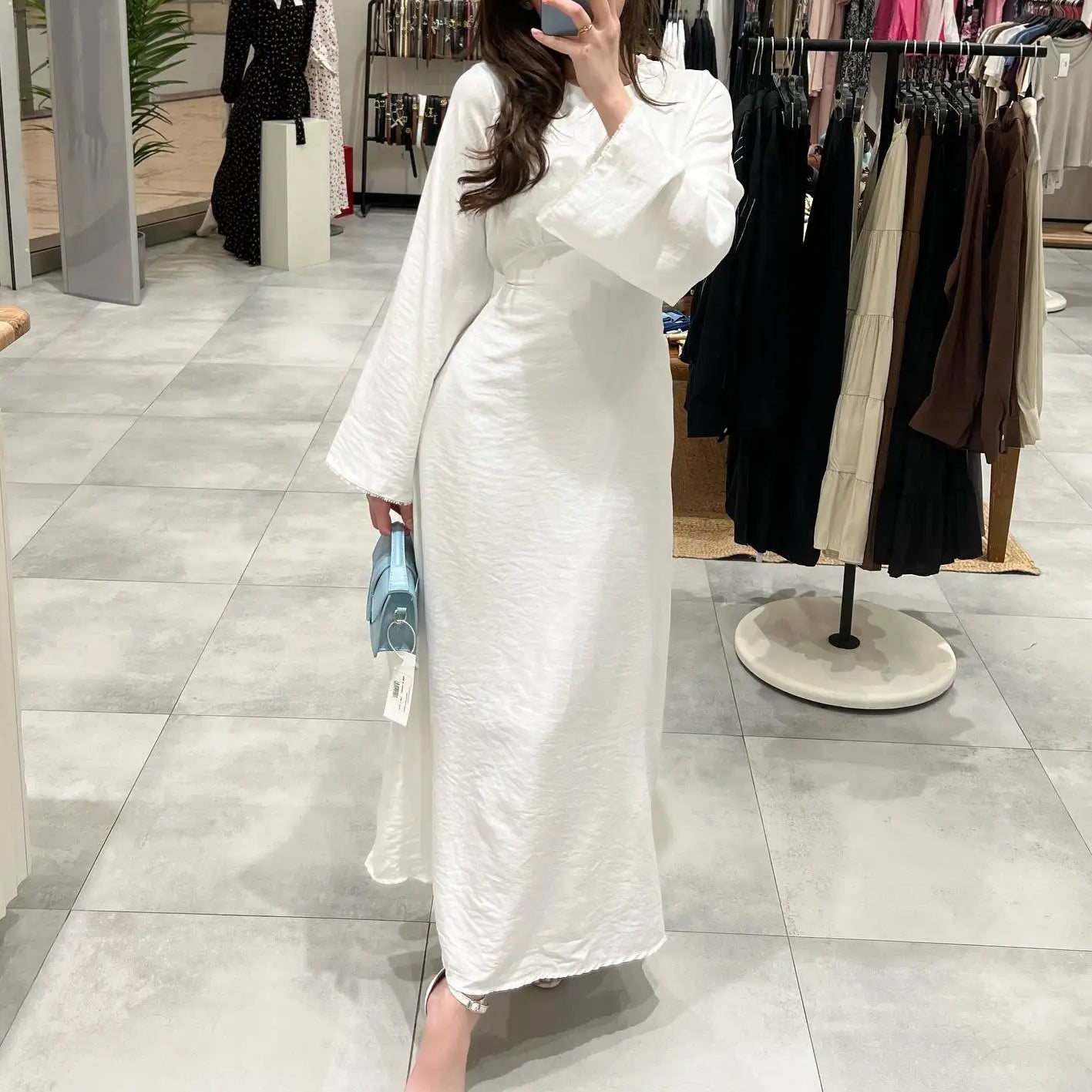 Autumn Elegant Solid Midi Dress Women Flare Sleeve Slim Mermaid French Vintage Wedding Party Vestidos Robe Mujers WHITE