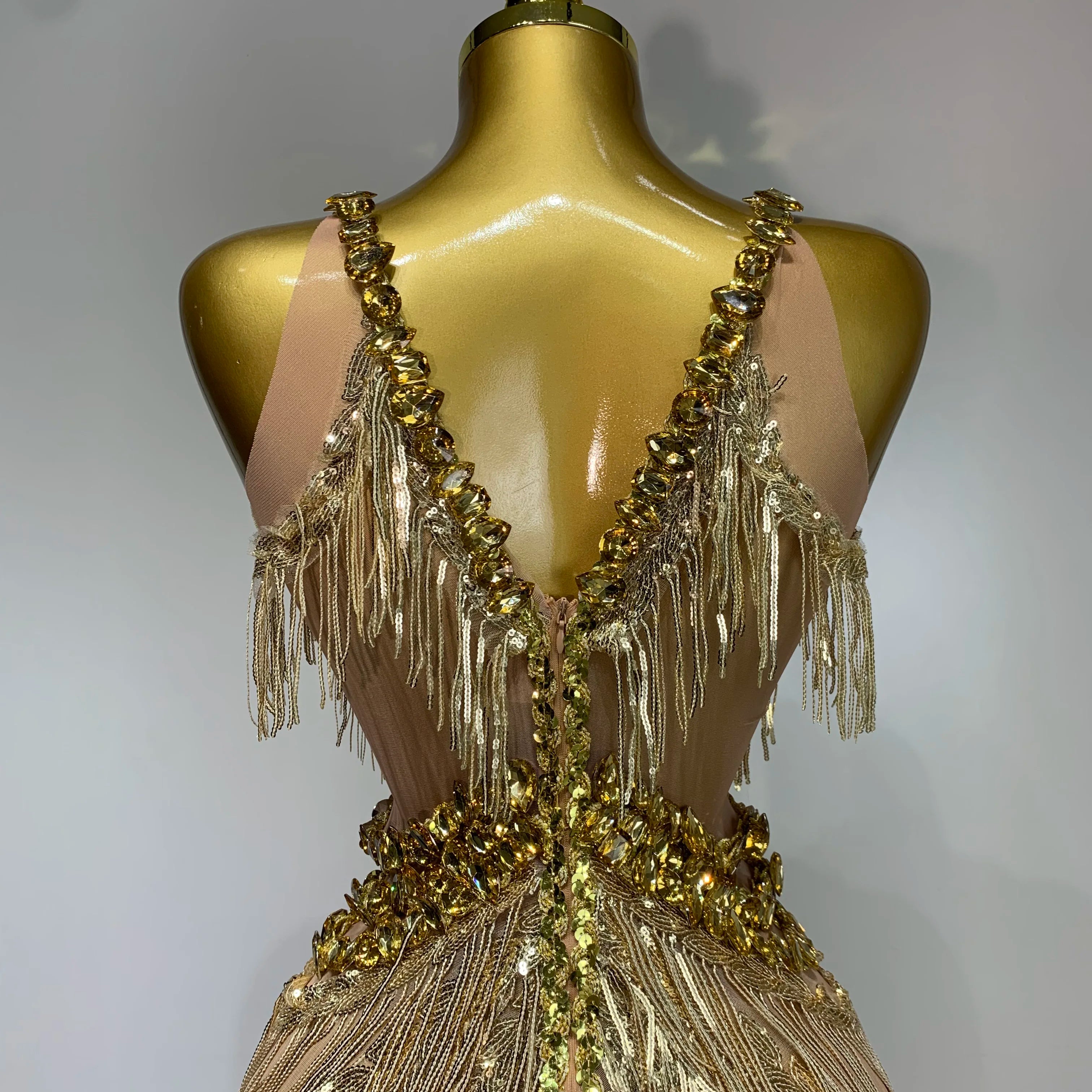 Women Sparkly Glod Rhinestones Sequined Fringe jumpsuit Sexy Nightclub Party Birthday Outfit Show Singer Stage Perform Costume