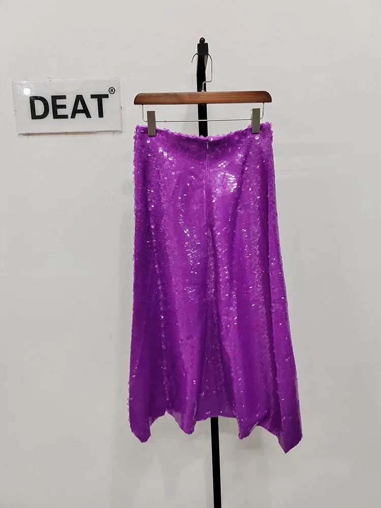 DEAT Fashion Women's Skirt Fit High Waist A-line Sequin Mid-calf Purple Versatile Skirts Female Summer New Tide 17A9008 purple