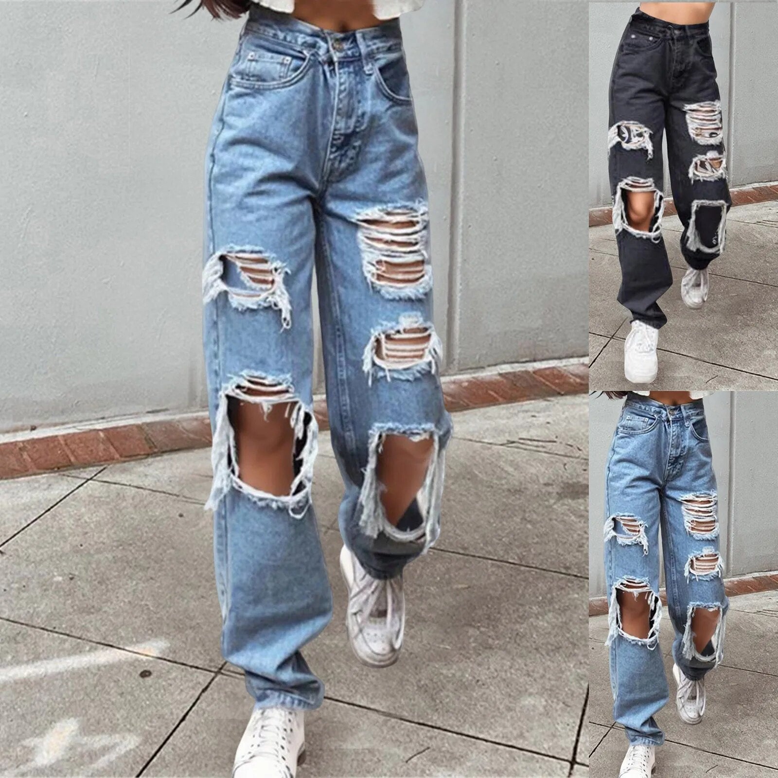 Sexy Ripped Jeans Women Fashion Blue Hole Straight Leg Trousers Y2K Hollow Cargo Pants Distressed Vintage Female Denim Trousers