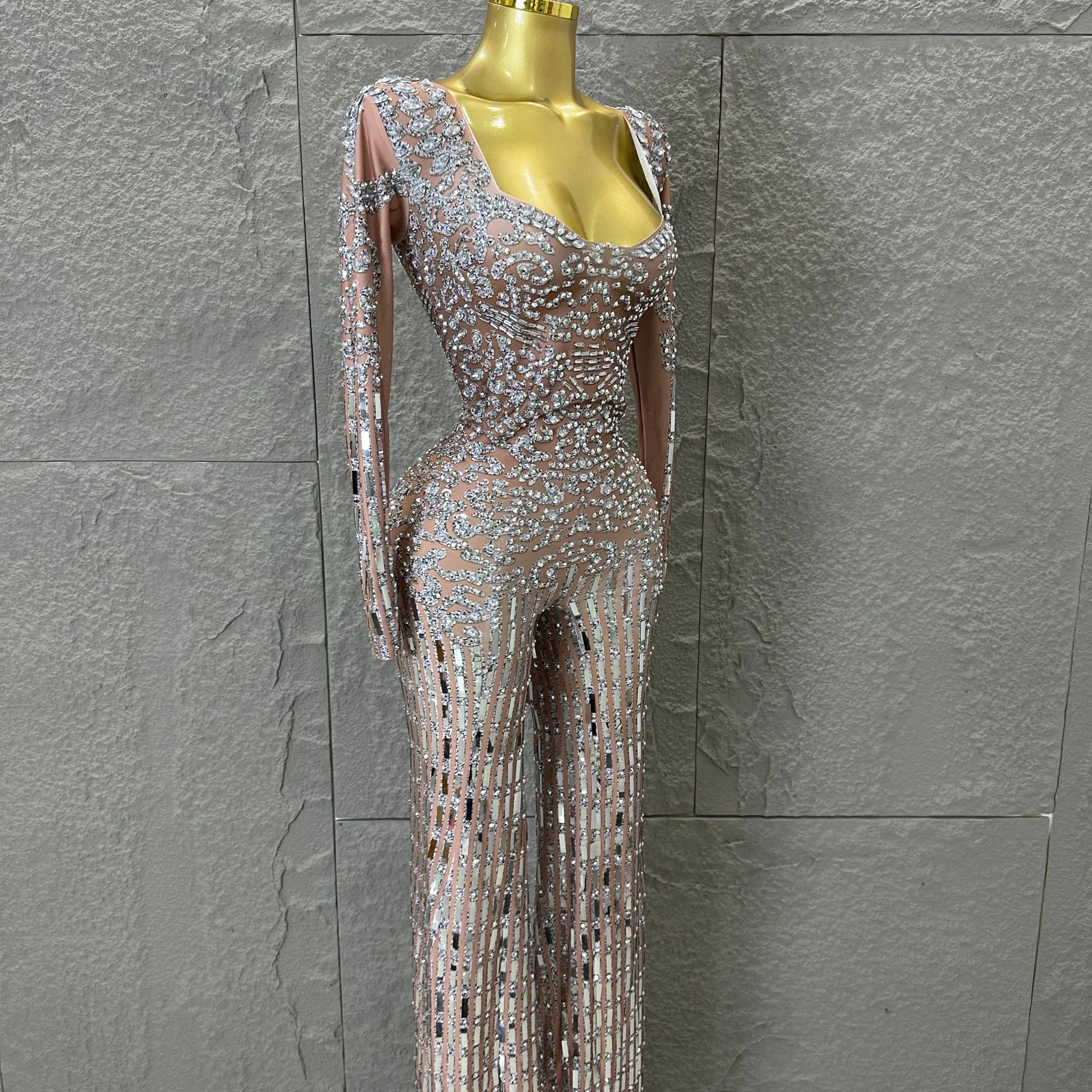 Silver Sheer Mesh Jumpsuit Women Sexy Sweetheart Neck Long Sleeve Full Crystal Skinny Outfit Stage Performance Costume