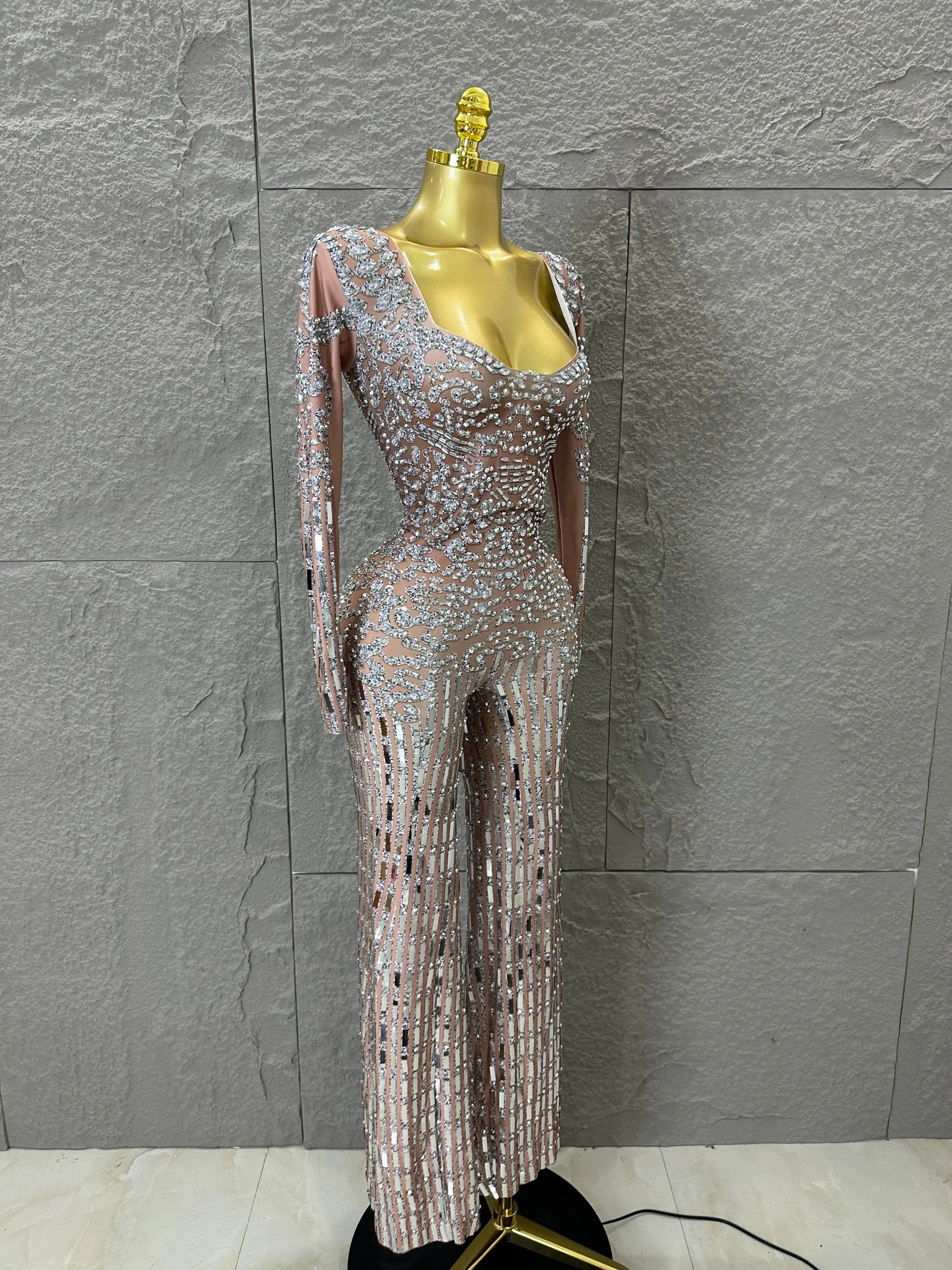 Silver Sheer Mesh Jumpsuit Women Sexy Sweetheart Neck Long Sleeve Full Crystal Skinny Outfit Stage Performance Costume