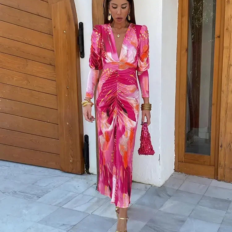 Elegant Tye Die Print Pleated Bodycon Maxi Dress Women Vintage Long Sleeve V-neck A-line Dresses Ladies Holiday Party Robes