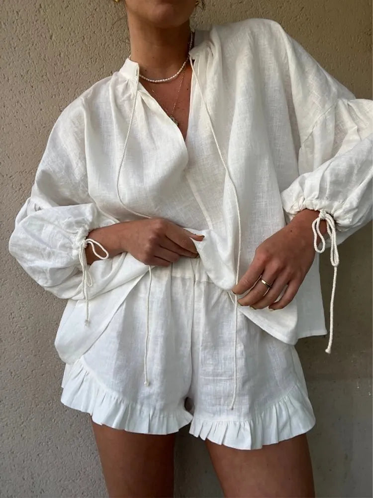 fashion summer cotton linen loose ruffle shorts suits women long sleeve drawstring pullover 2 pieces set casual beach suits