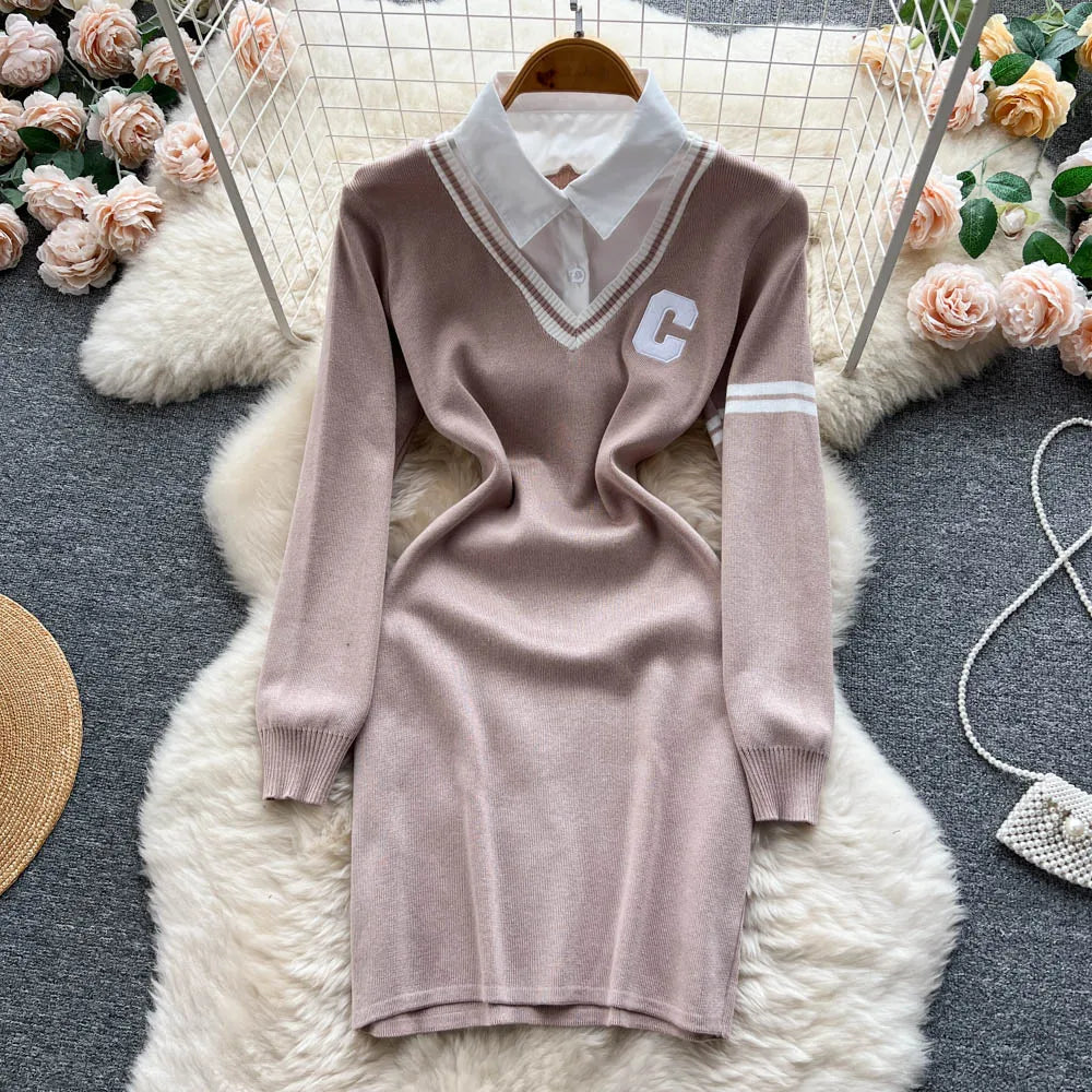 Women Dress Autumn Winter Casual Fake Two Piece Set Long Sleeve Knitted Dress Korean Fashion Mini Dress Vestidos