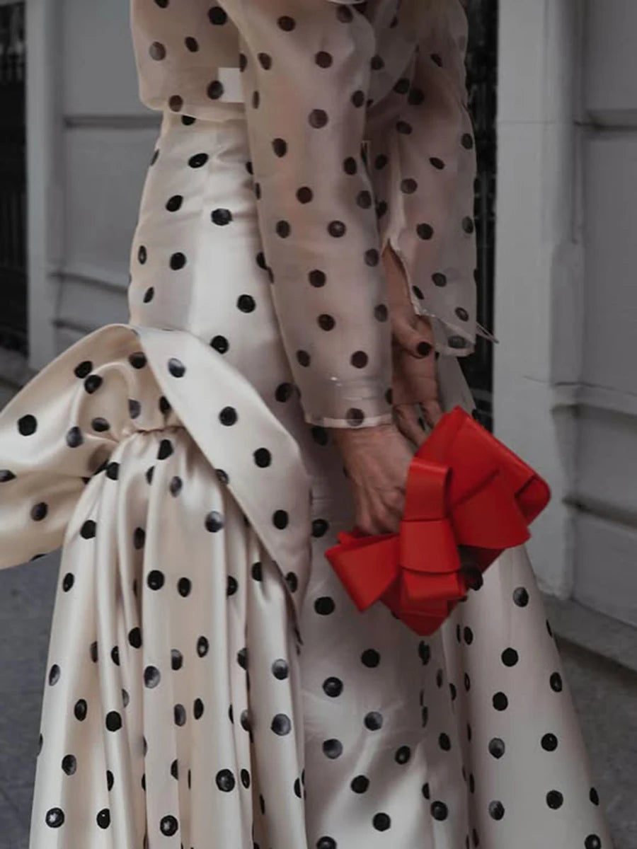 Hit Color Sheer Spliced Wave Point Two Piece Sets for Women Round Neck Long Sleeves Top High Waist Skirt Set Female