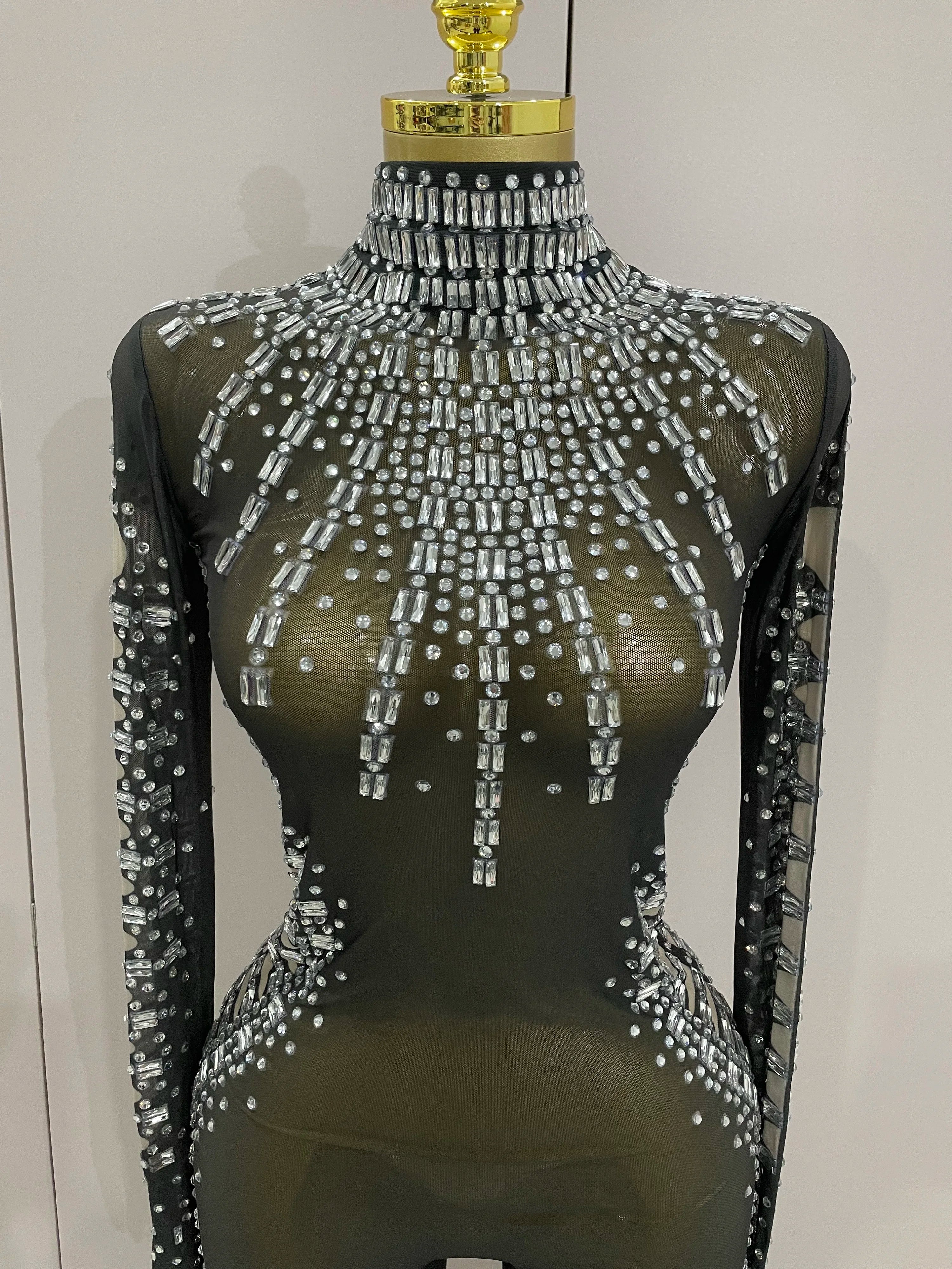 Sexy Sparkly Crystals Black Mesh Jumpsuit With Gloves 2025 Women Celebrate Birthday Party NightClub Singer Dance Stage Costumes