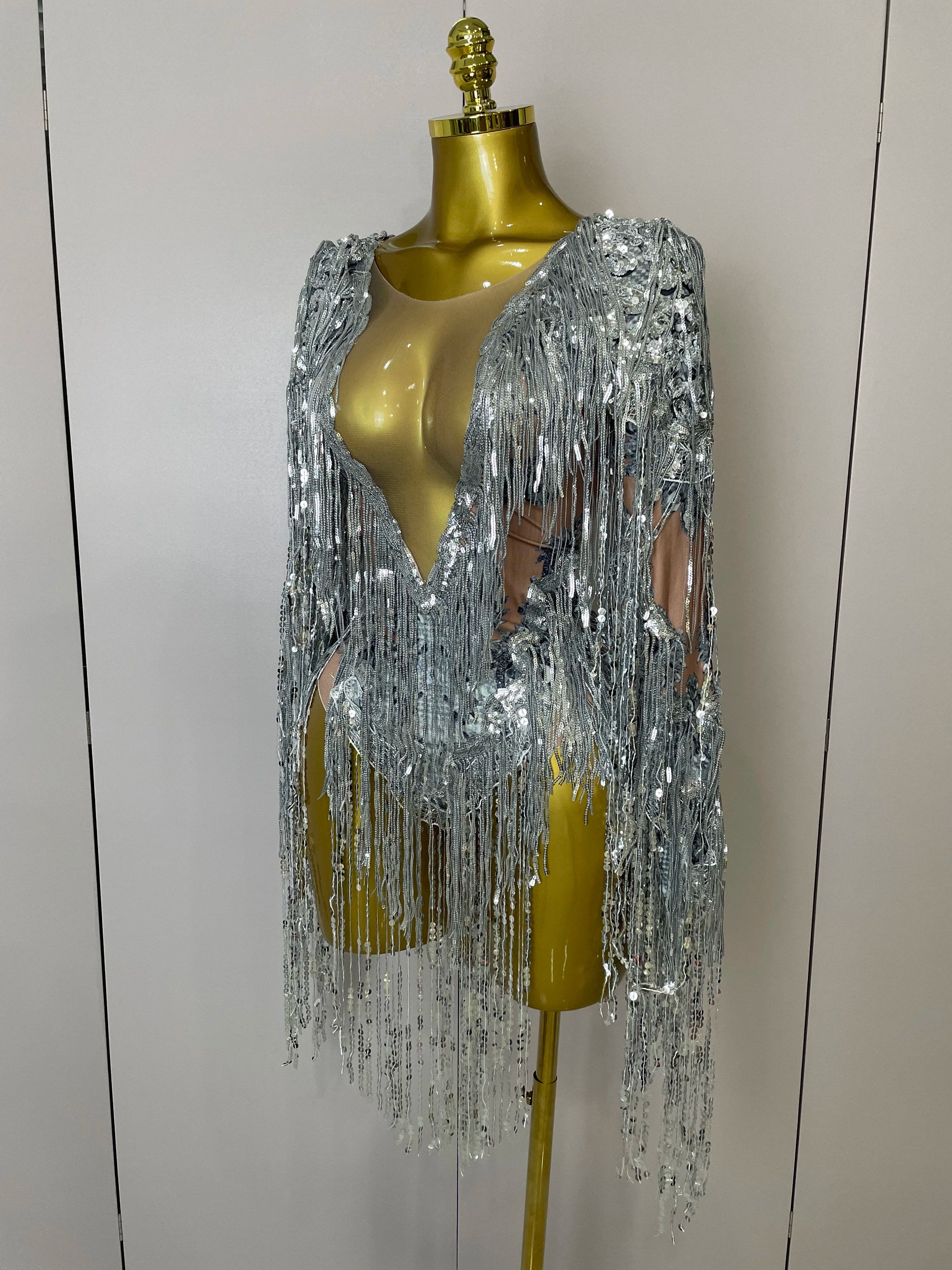 STOCK 2025 Flashing Sequins Tassels Sexy See-Through Sheath Bodysuit Evening Party Nightclub Dancer Stage Perfprmance Costume