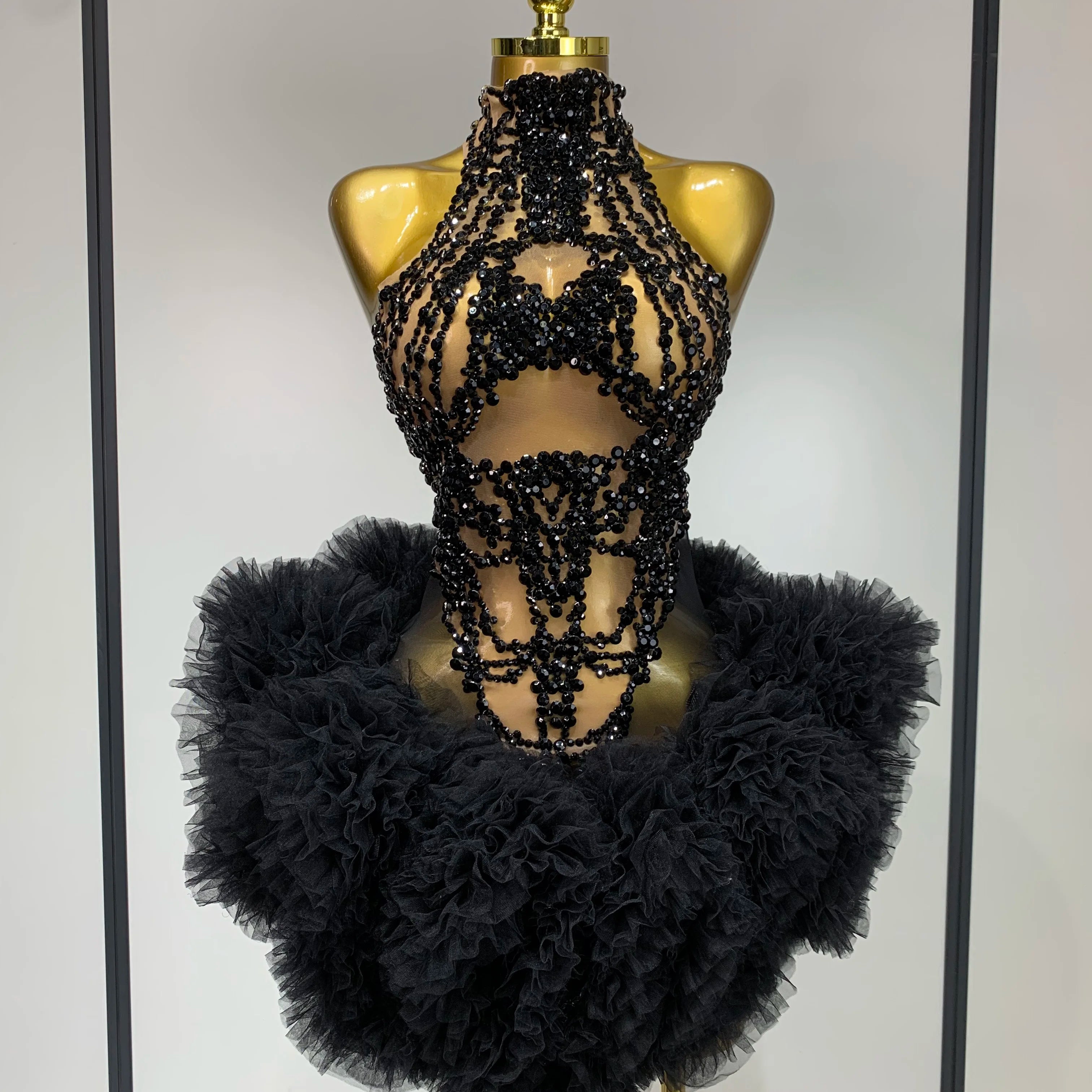 Luxury Women Sexy Sparkly Rhinestone Sleeveless Mesh See Through Bodycon Mini Birthday Dress Evening Party Performance Costume black