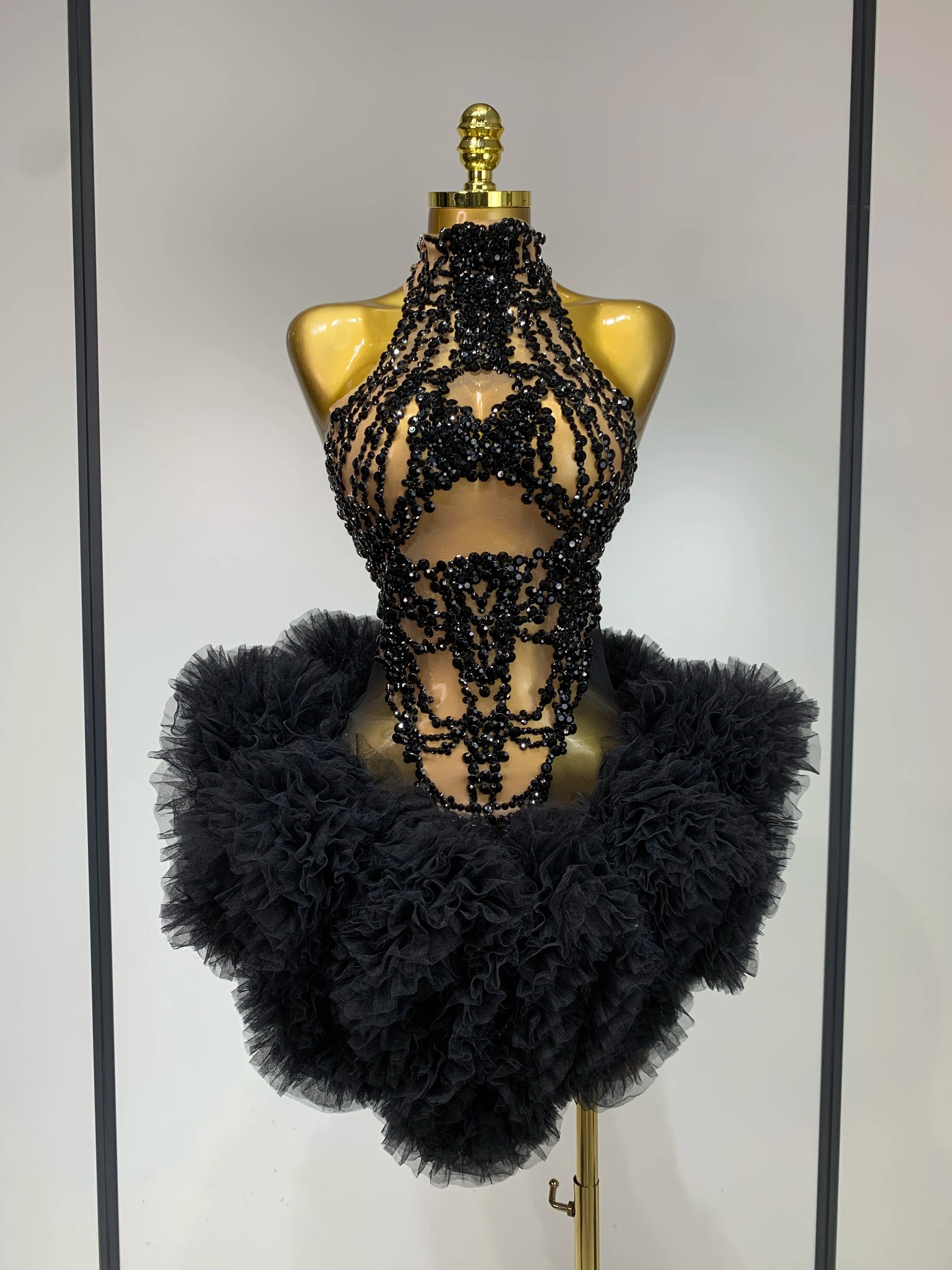 Luxury Women Sexy Sparkly Rhinestone Sleeveless Mesh See Through Bodycon Mini Birthday Dress Evening Party Performance Costume black