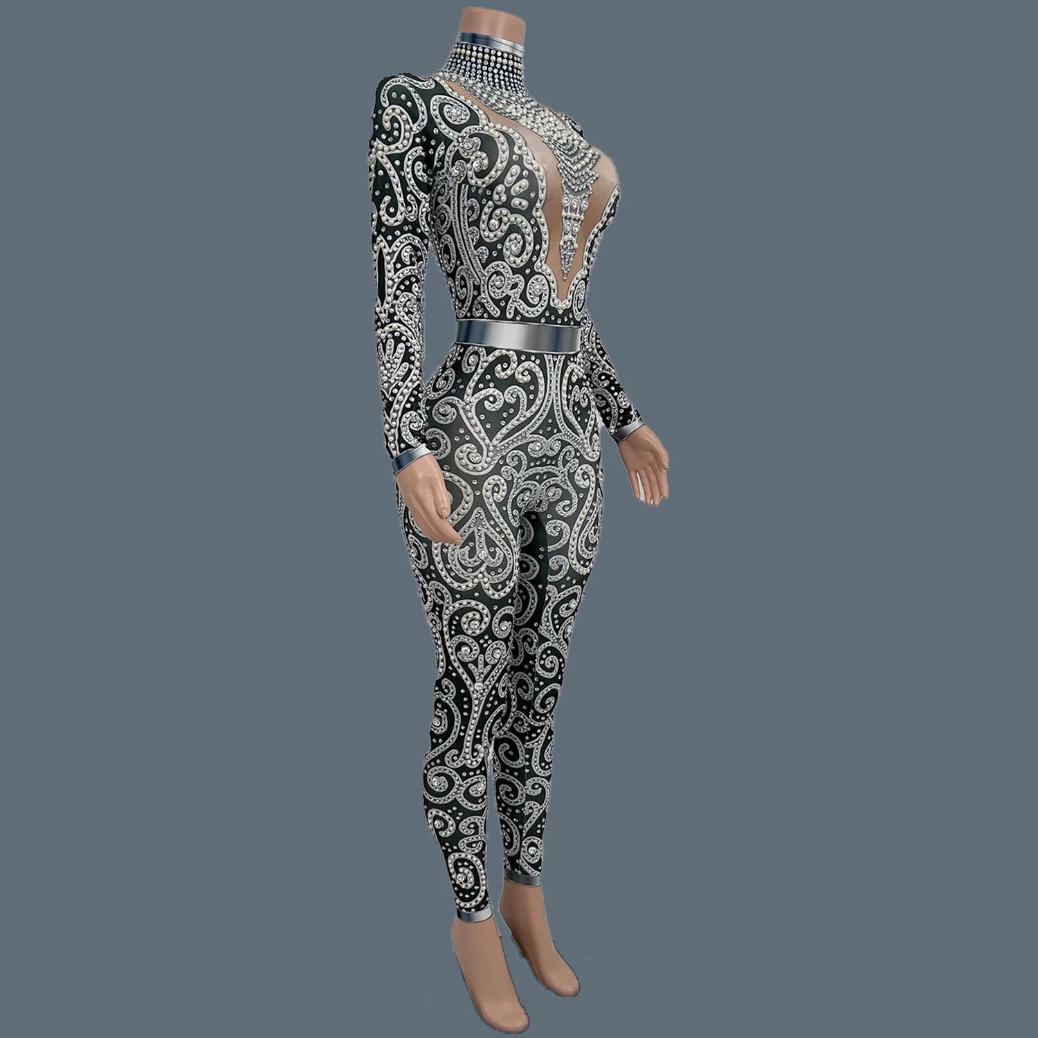 Classic Rhinestones Pearls Spandex Jumpsuit Women Nightclub Party Elastic Sexy Bodysuit Showgirl Performance Stage Wear Quanquan