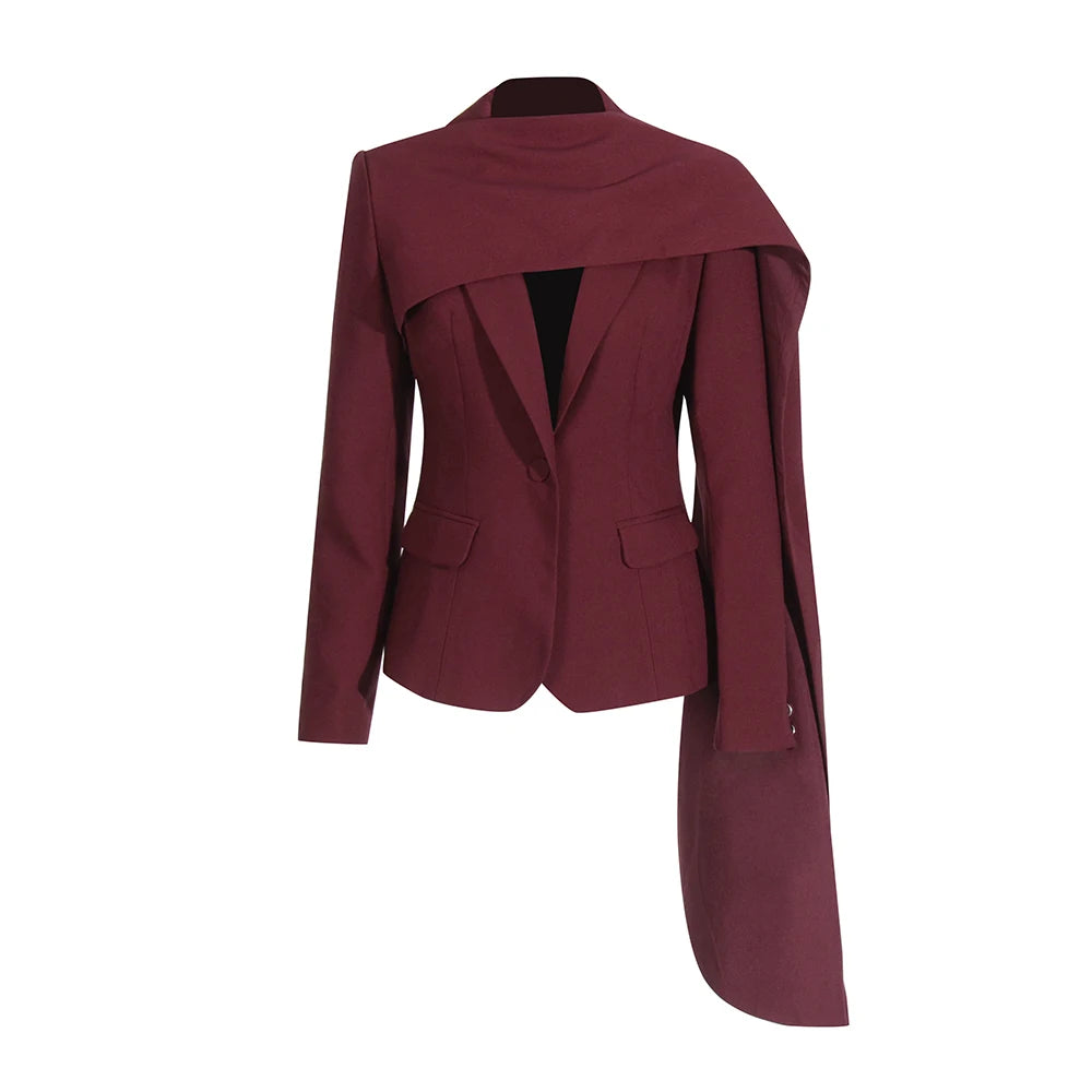 Solid Slimming Blazer For Women Scarf Collar Long Sleeve Tunic Patchwork Button Elegant Coat Female Fashion Clothes WINERED