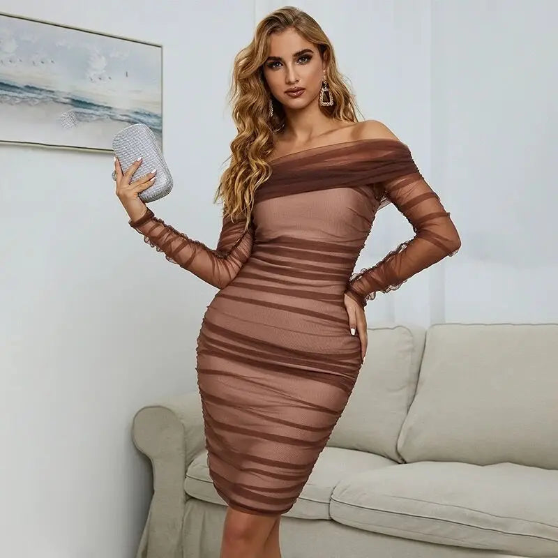 Brown Mesh Sleeve Off The Shoulder Rayon Bandage Dress Elegant Club Party Dress
